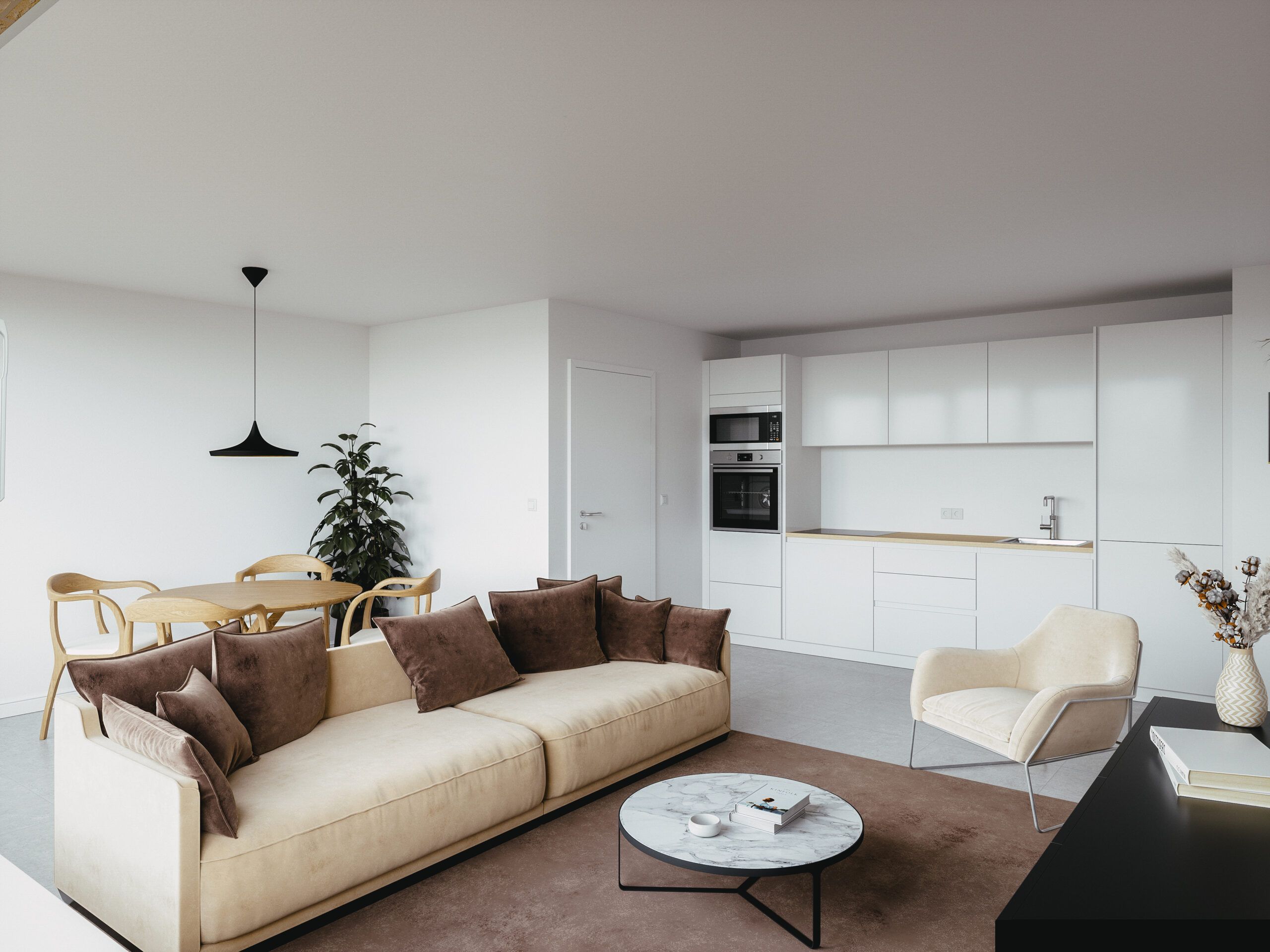 Séjour et cuisine ouverte d’un appartement de la résidence Everis