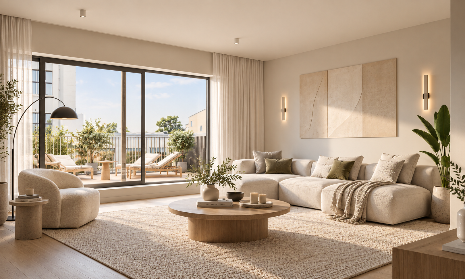 Séjour d’un appartement de la résidence Palais ouvert sur sa terrasse