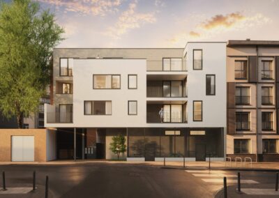 Perspective de la façade du projet Palais à Schaerbeek : immeuble blanc avec balcons, terrasses et rez-de-chaussée en métal déployé