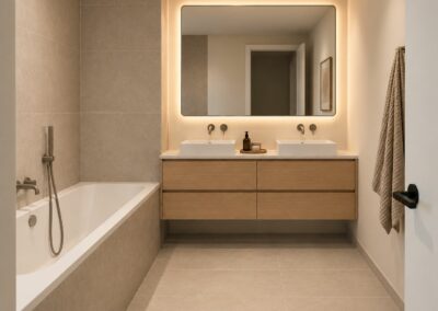 Salle de bain avec baignoire et double vasque d'un appartement du projet Palais à Schaerbeek
