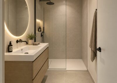 palais-salle-de-bain-douche.jpg Salle de douche à l'italienne avec paroi vitrée et meuble vasque en bois, projet Palais à Schaerbeek