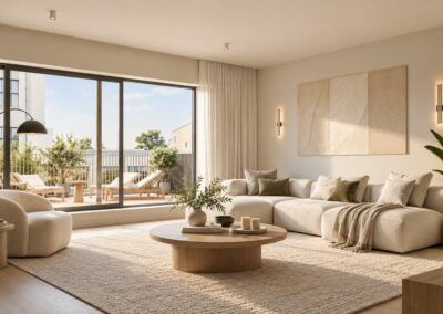 Salon lumineux d'un appartement du projet Palais, avec grande baie vitrée ouvrant sur une terrasse